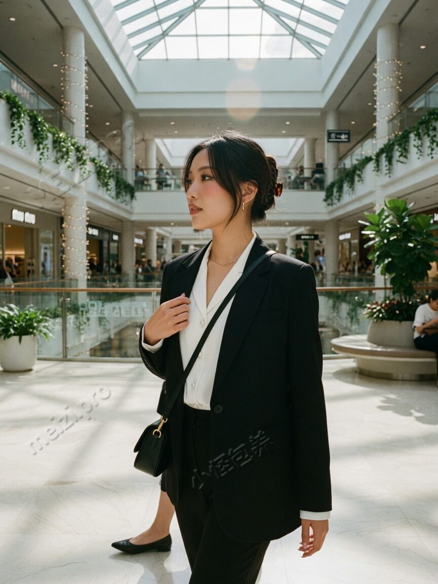 职场感女生商场侧身行走写真,小红书胶片感
