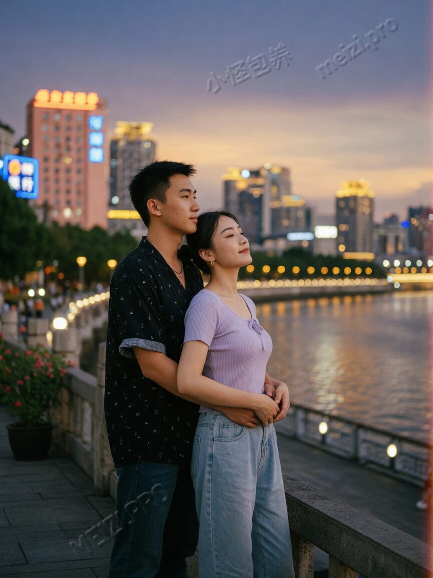 河边黄昏背后环抱的情侣pose