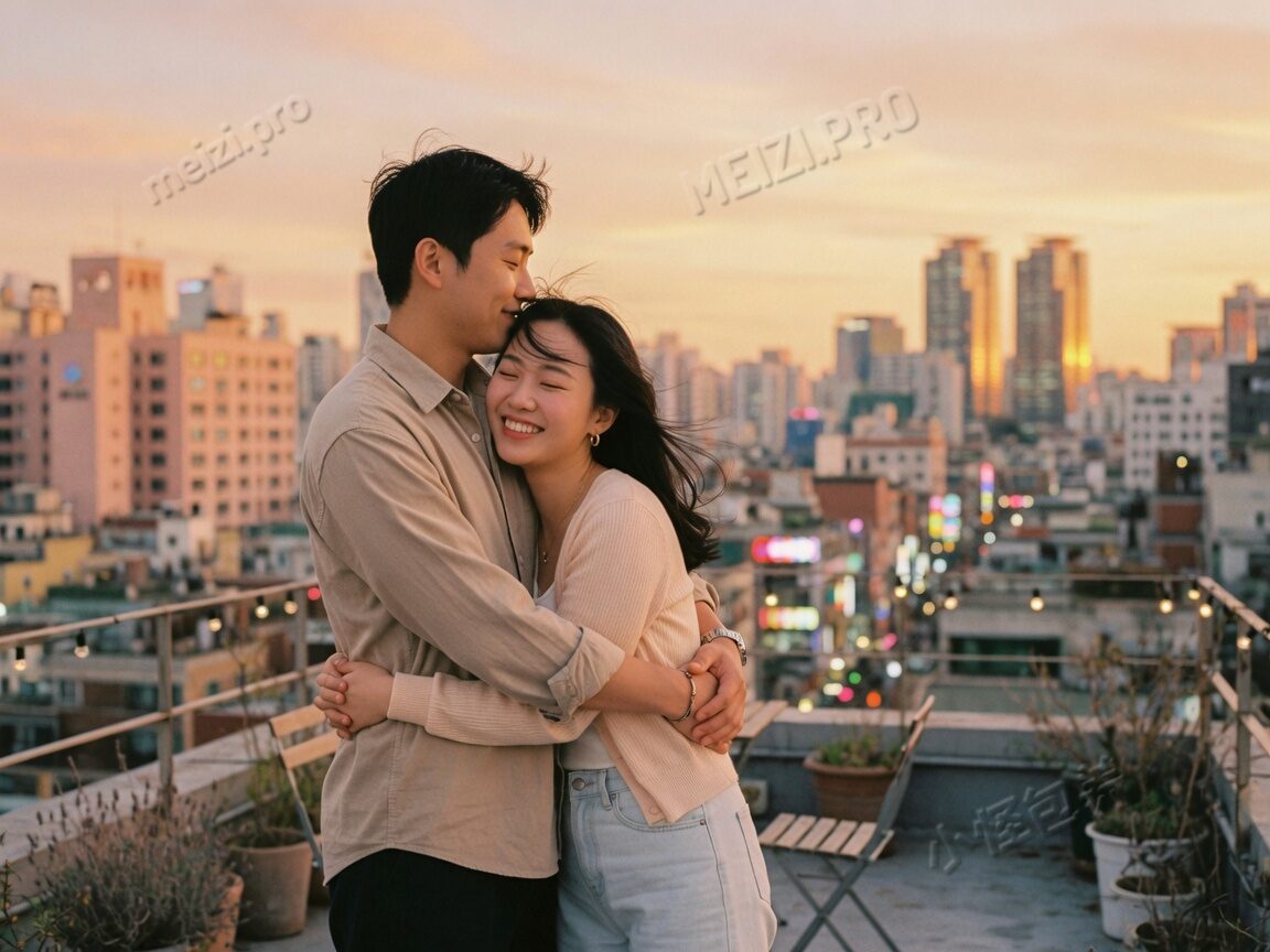 天台金色余晖,背后抱的情侣pose