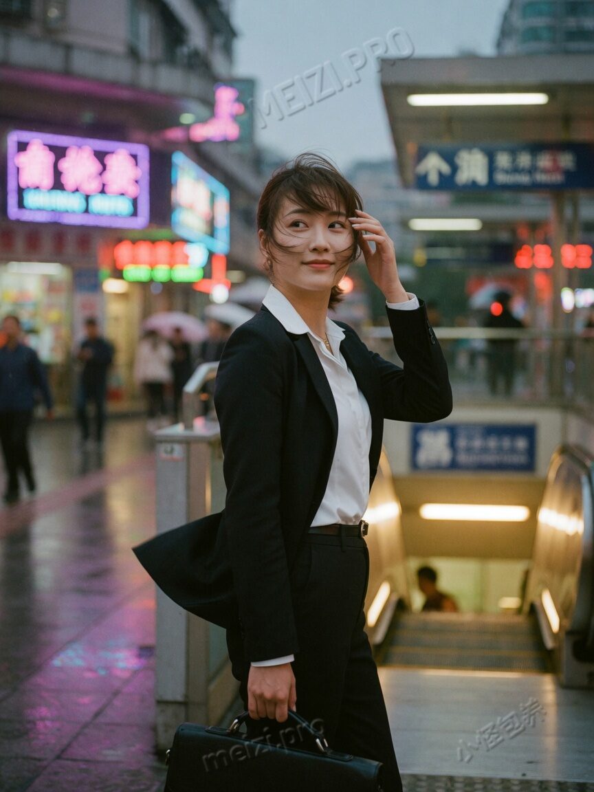 职场感女生在地铁口侧身回眸，适合对照「下班见面」场景