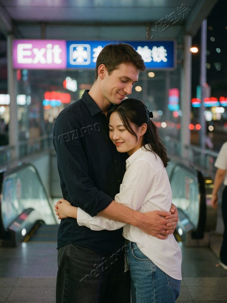 地铁口夜色里的并肩