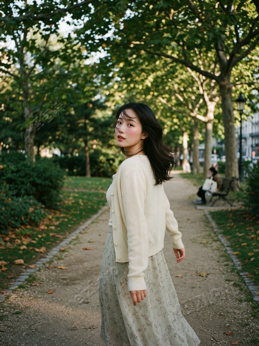 回眸走过公园的侧影