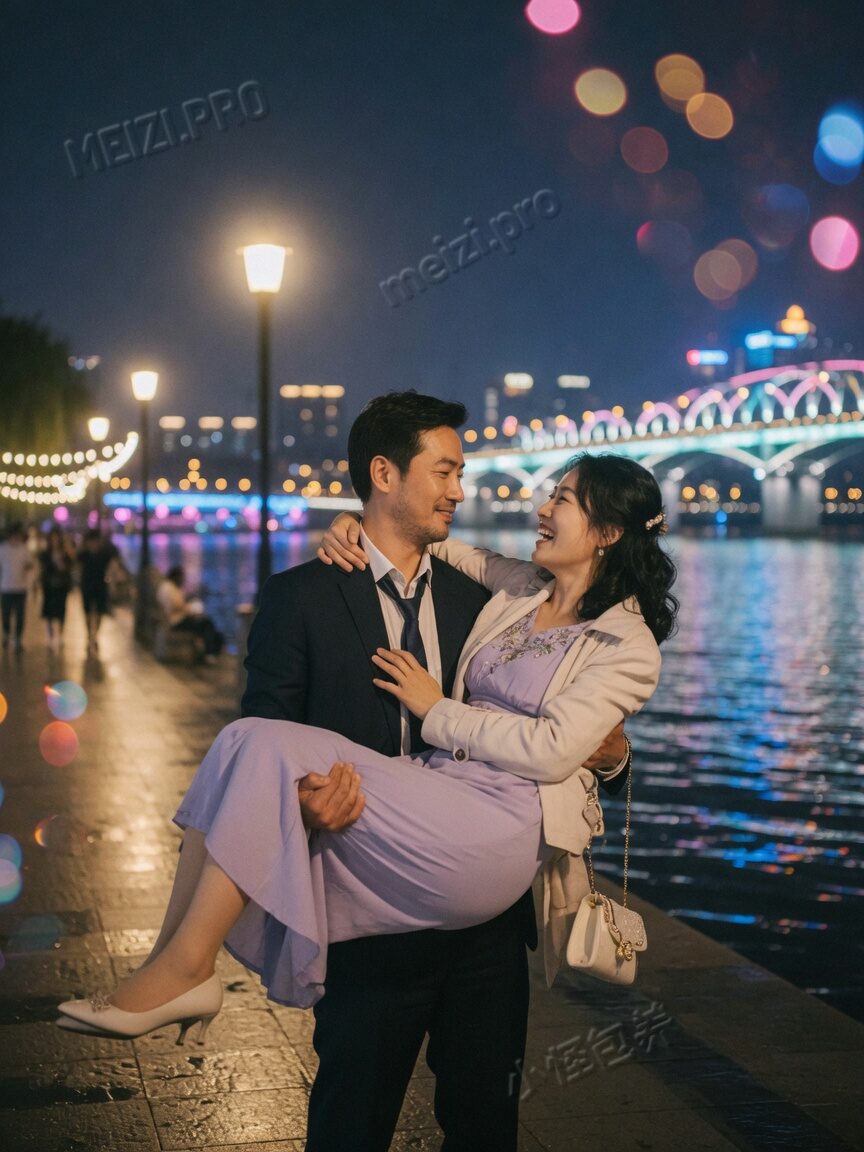 夜景河边公主抱的轻松瞬间