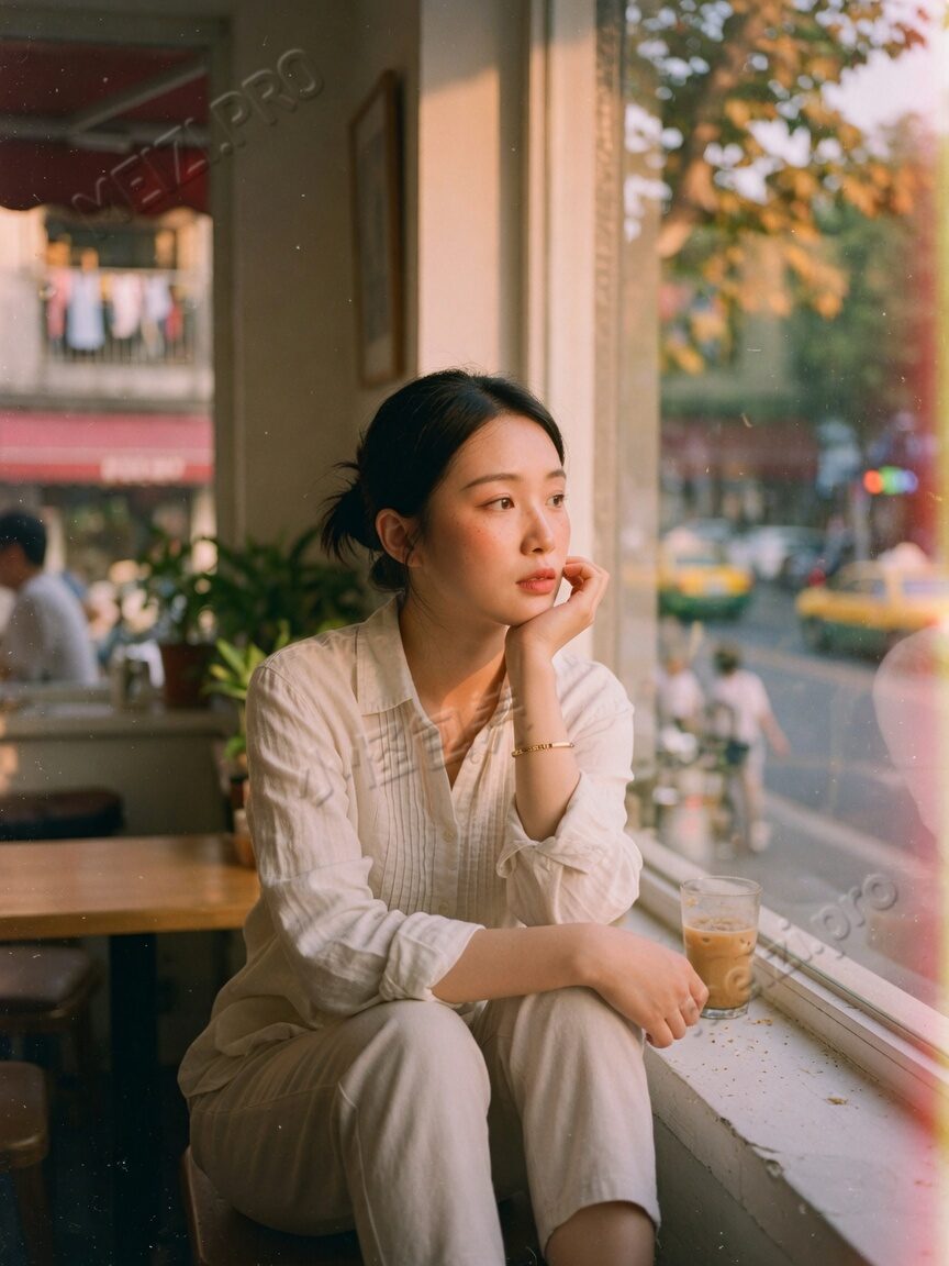 咖啡馆窗边，女孩托腮望向街景