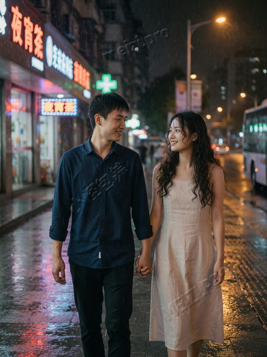 夜色街道牵手并肩的情侣