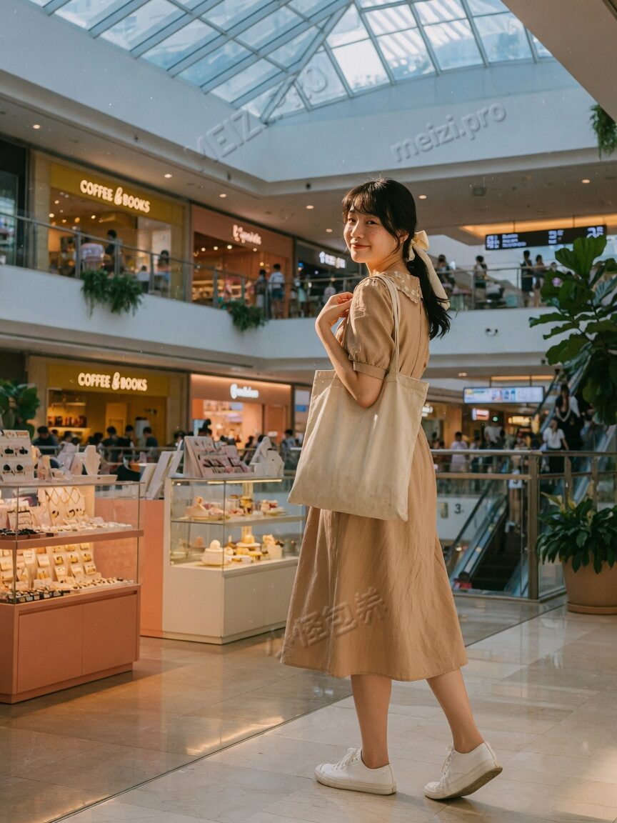 商场中庭侧身回眸的甜美气质女生写真,胶片颗粒