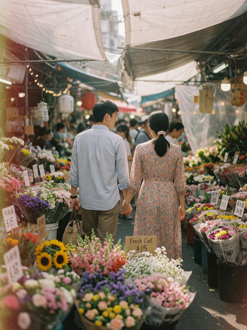 花市牵手背影