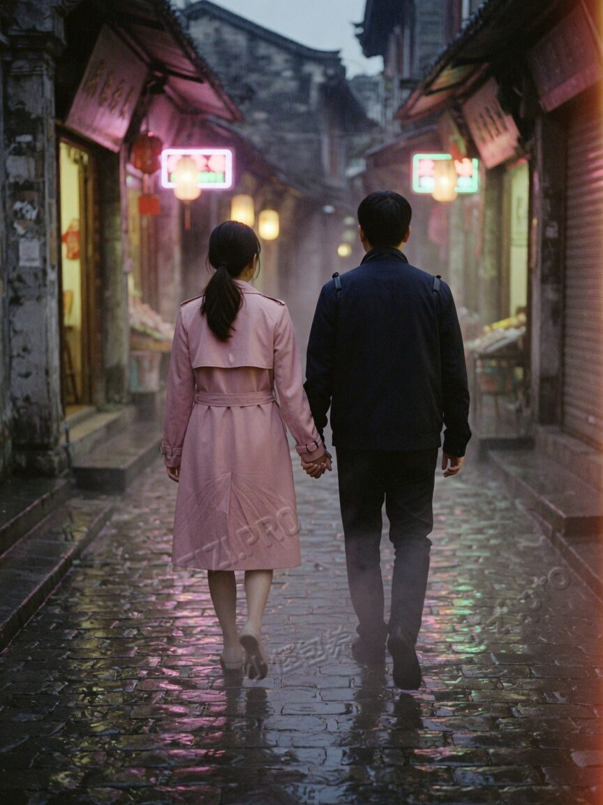 牵手走在雨后巷里
