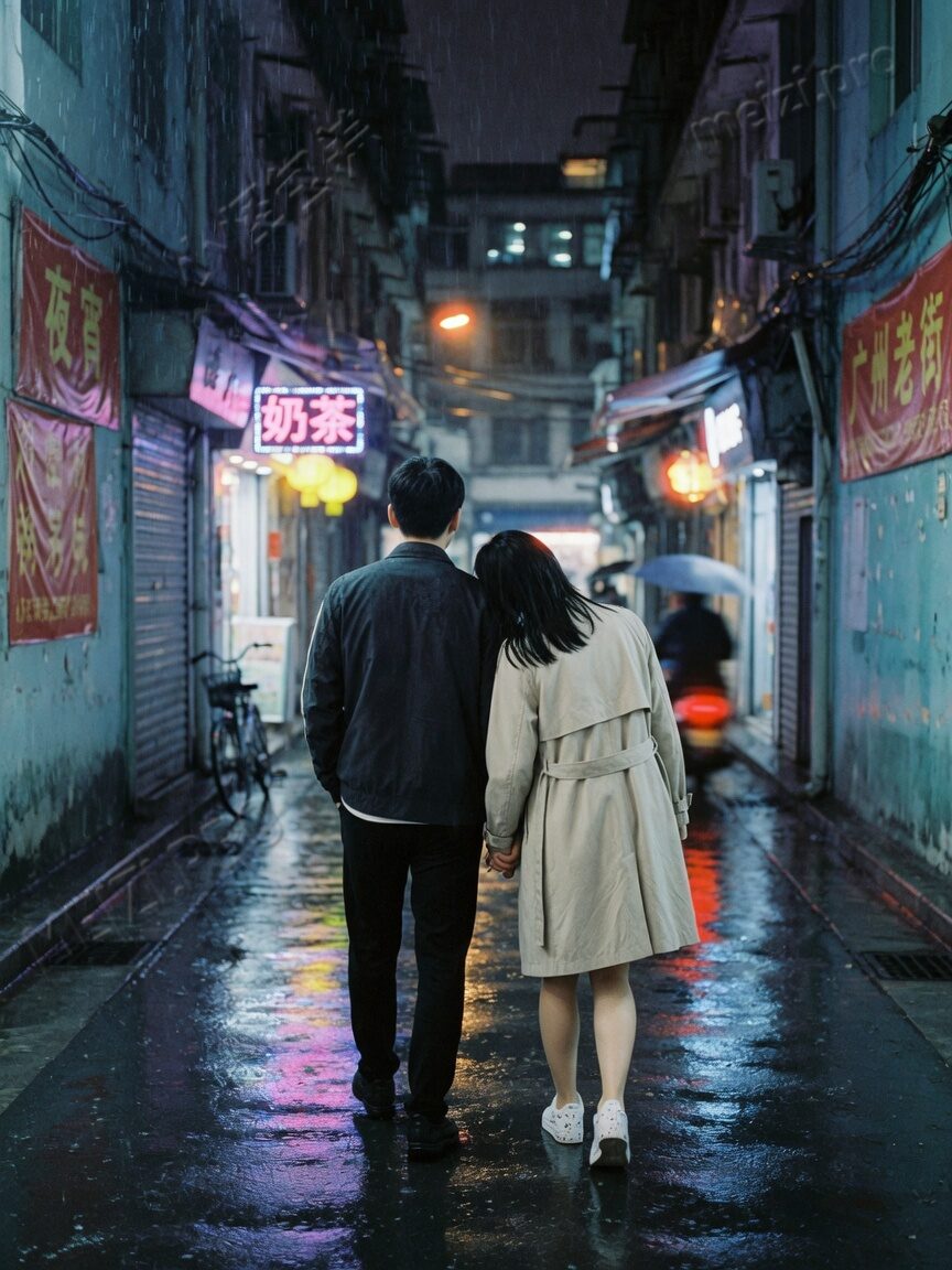 雨夜街头牵手背影