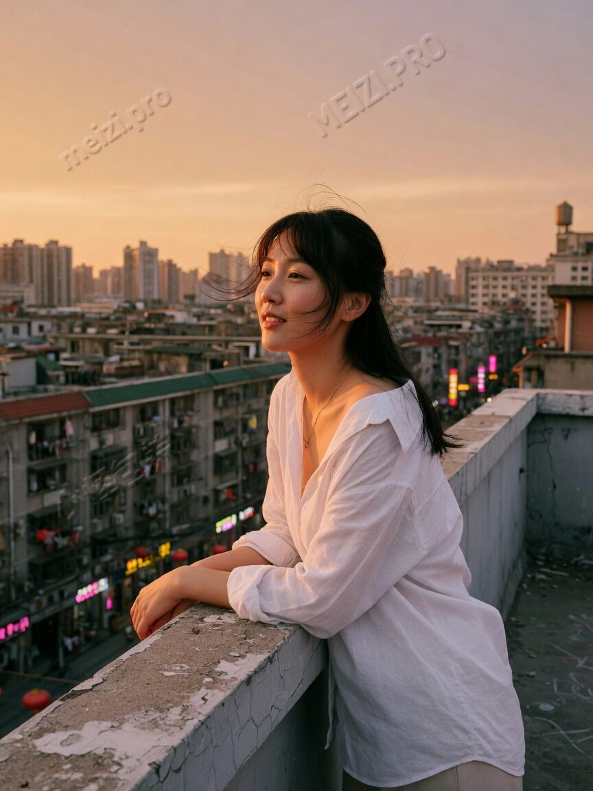 天台金色时刻女生写真,85mm浅景深