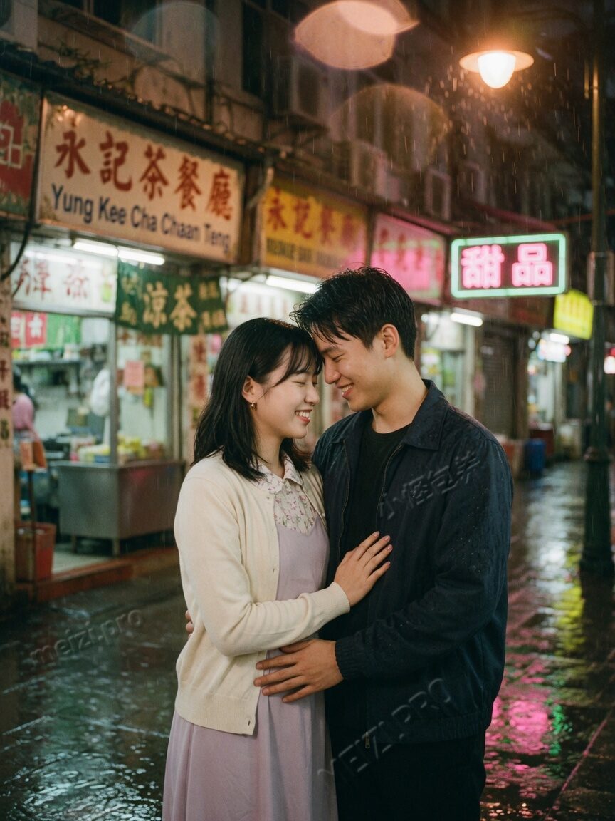 雨后小巷灯下,情侣额头轻轻相抵,像还没敢把关系说满