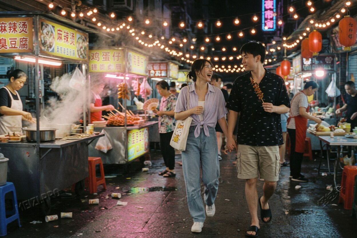 夜市牵手街拍情侣 pose,85mm candid