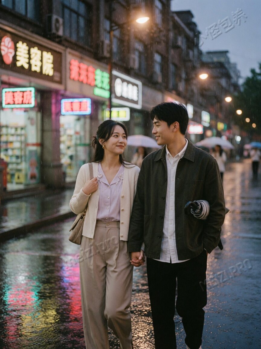 夜色街头牵手，情侣pose