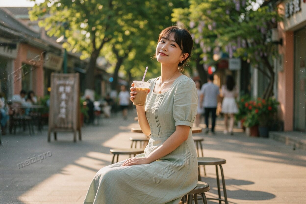 街边日光下的女生写真,三四分身姿坐在户外高脚凳,手持冰美式,85mm 胶片感