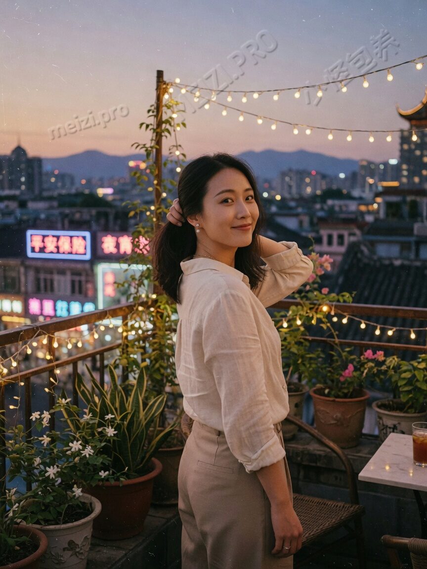 天台回眸女生写真,85mm暖光