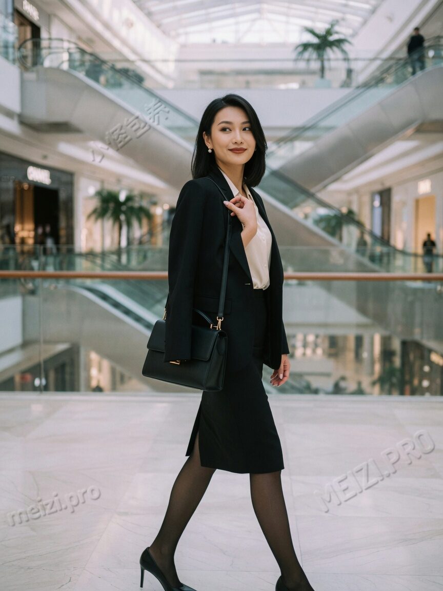 商场中庭回眸的职场风女生写真