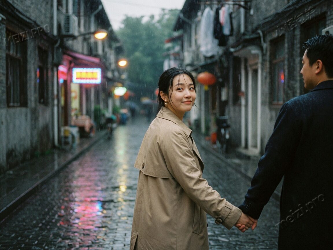 雨巷牵手回望的情侣抓拍