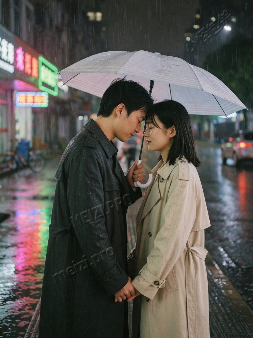 雨夜街口，两个人把额头轻轻抵在一起