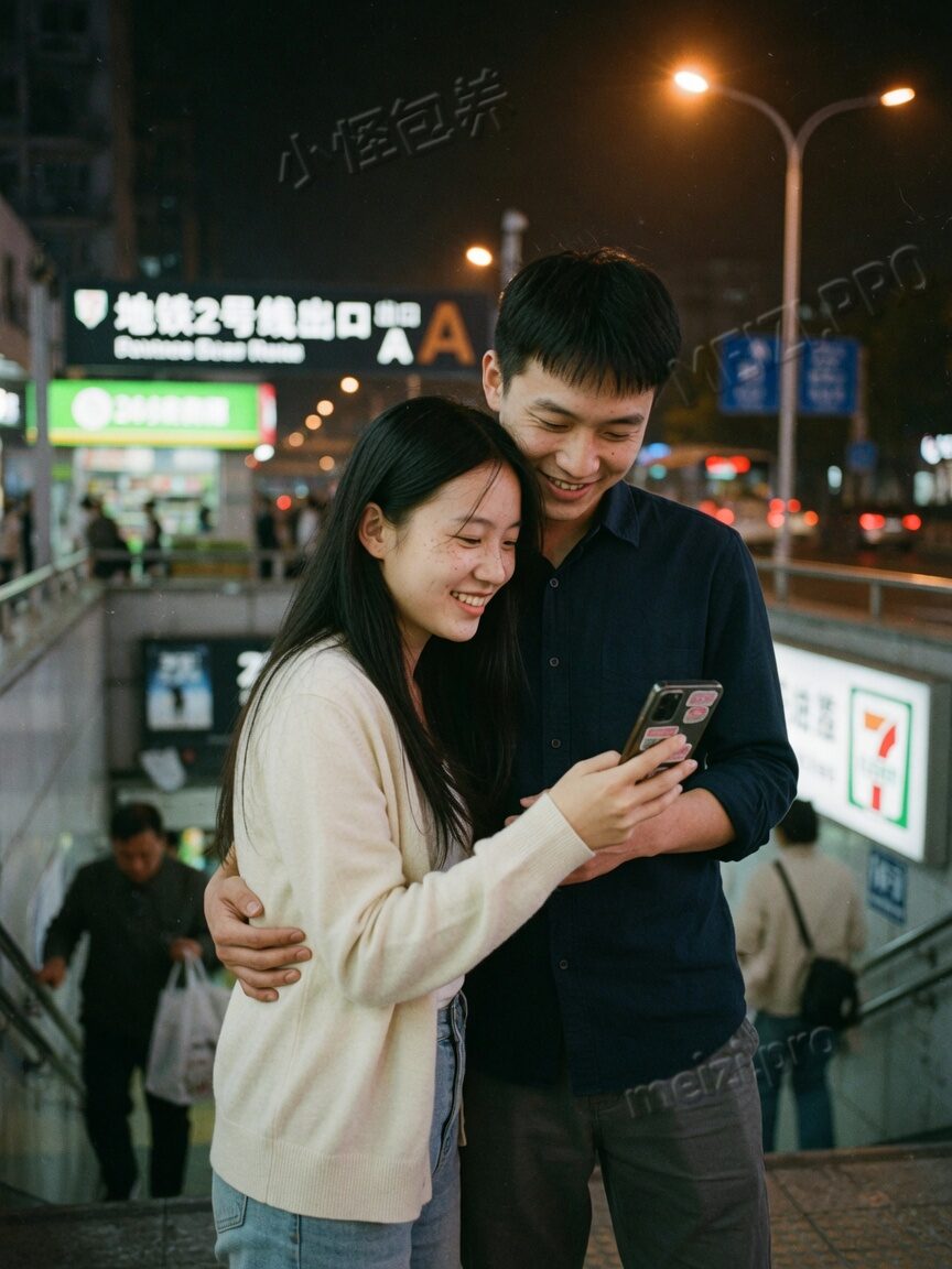 地铁口夜灯下的并肩片刻