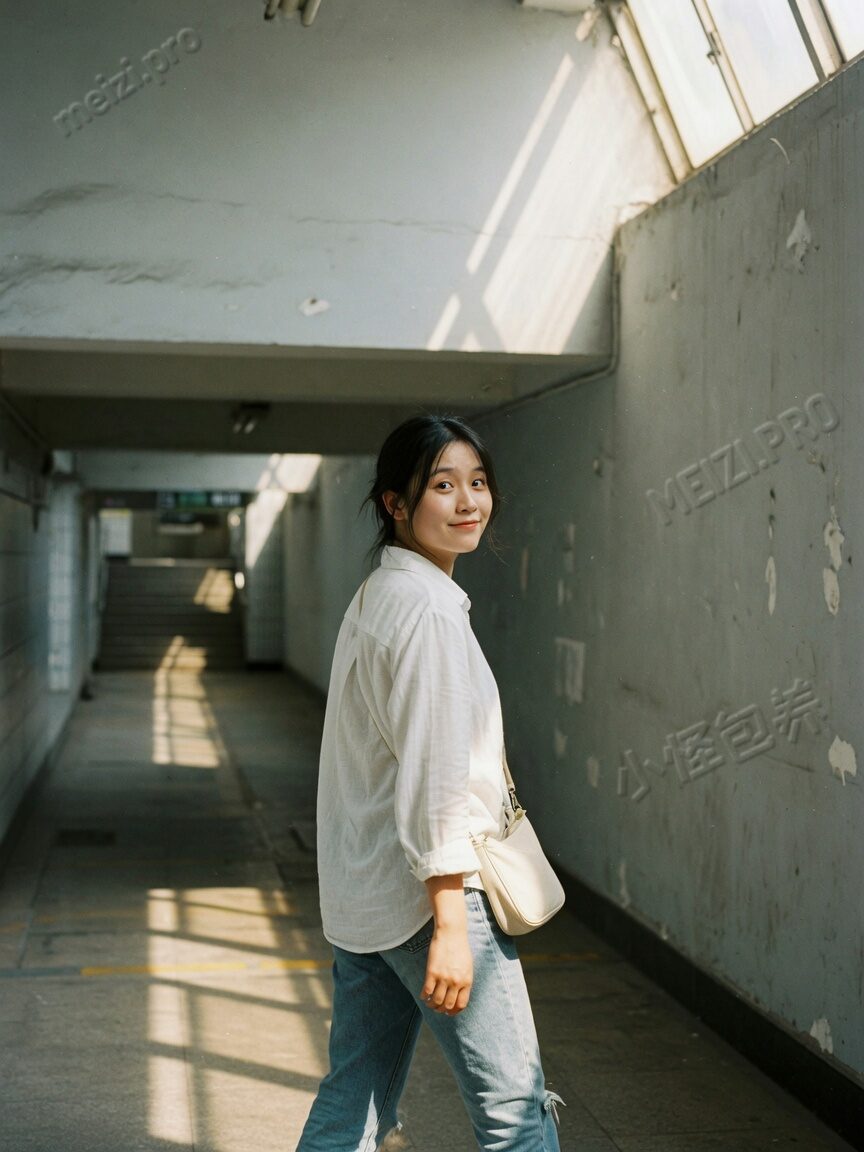 地铁通道里回眸的女生