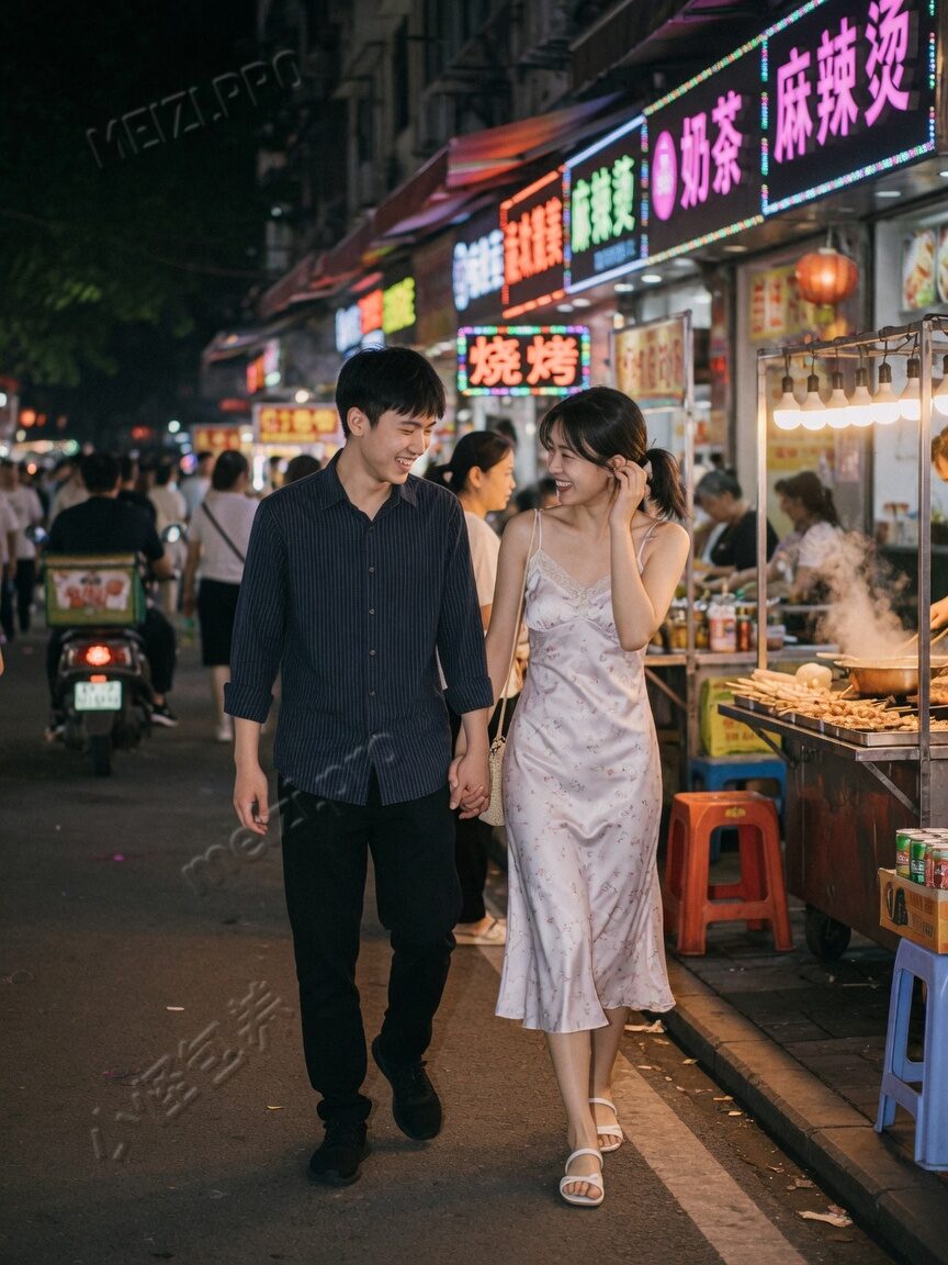 夜市并肩牵手的街拍