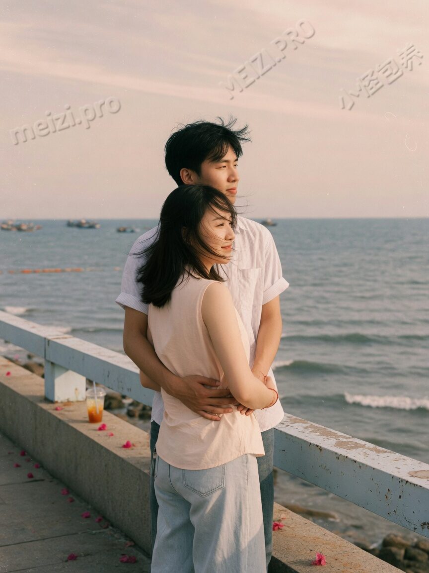 海边背后抱,傍晚散步