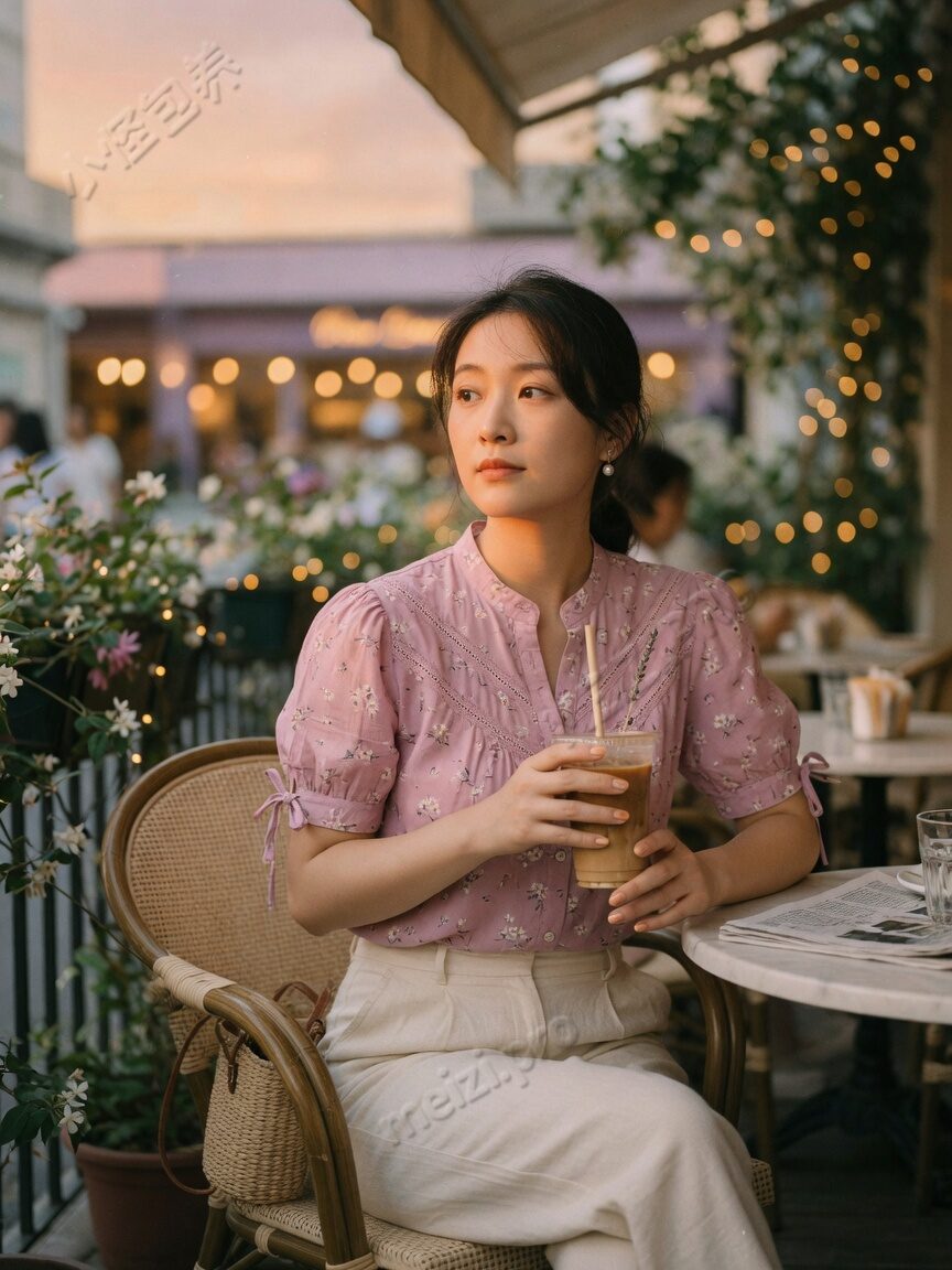 黄昏江边看手机的女生侧影