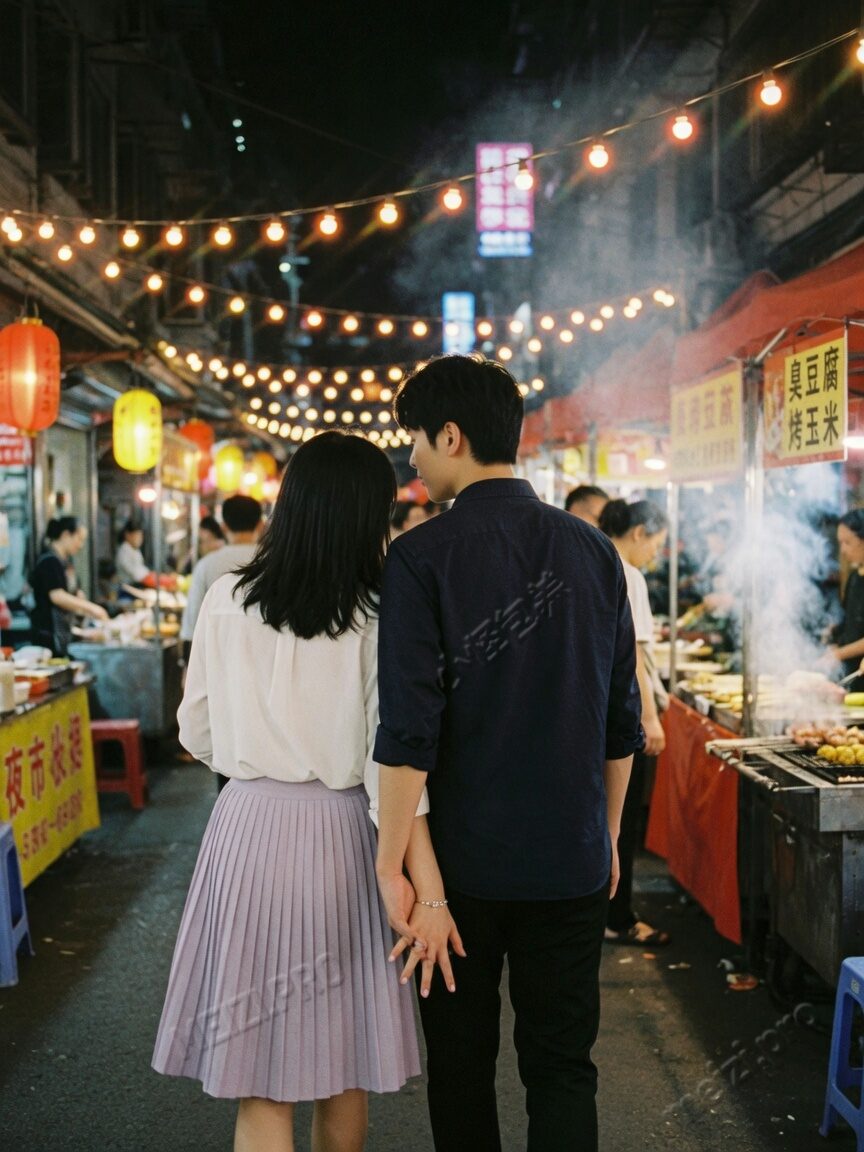 夜市牵手背影