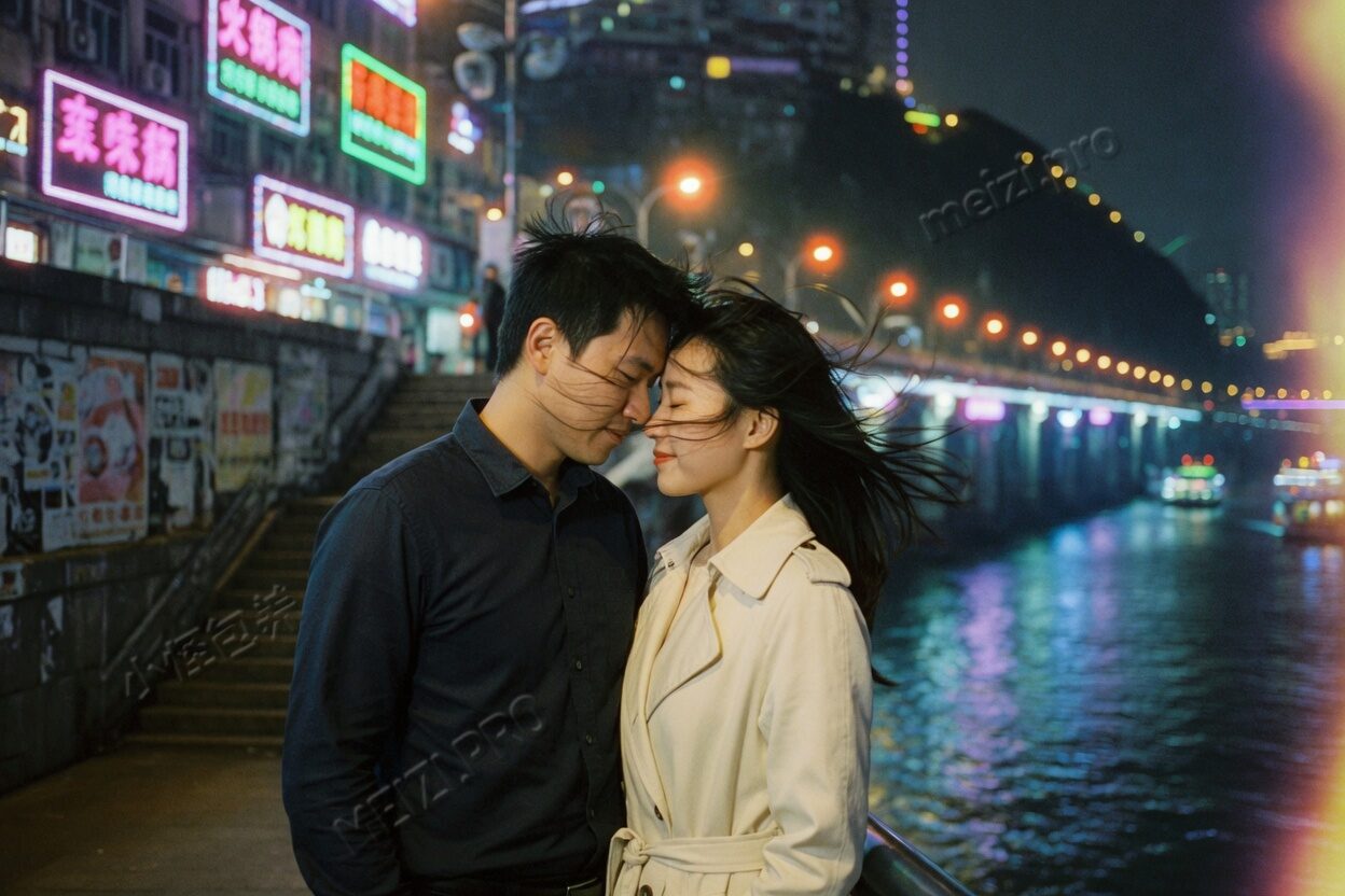 江边夜色里,两人额头相抵