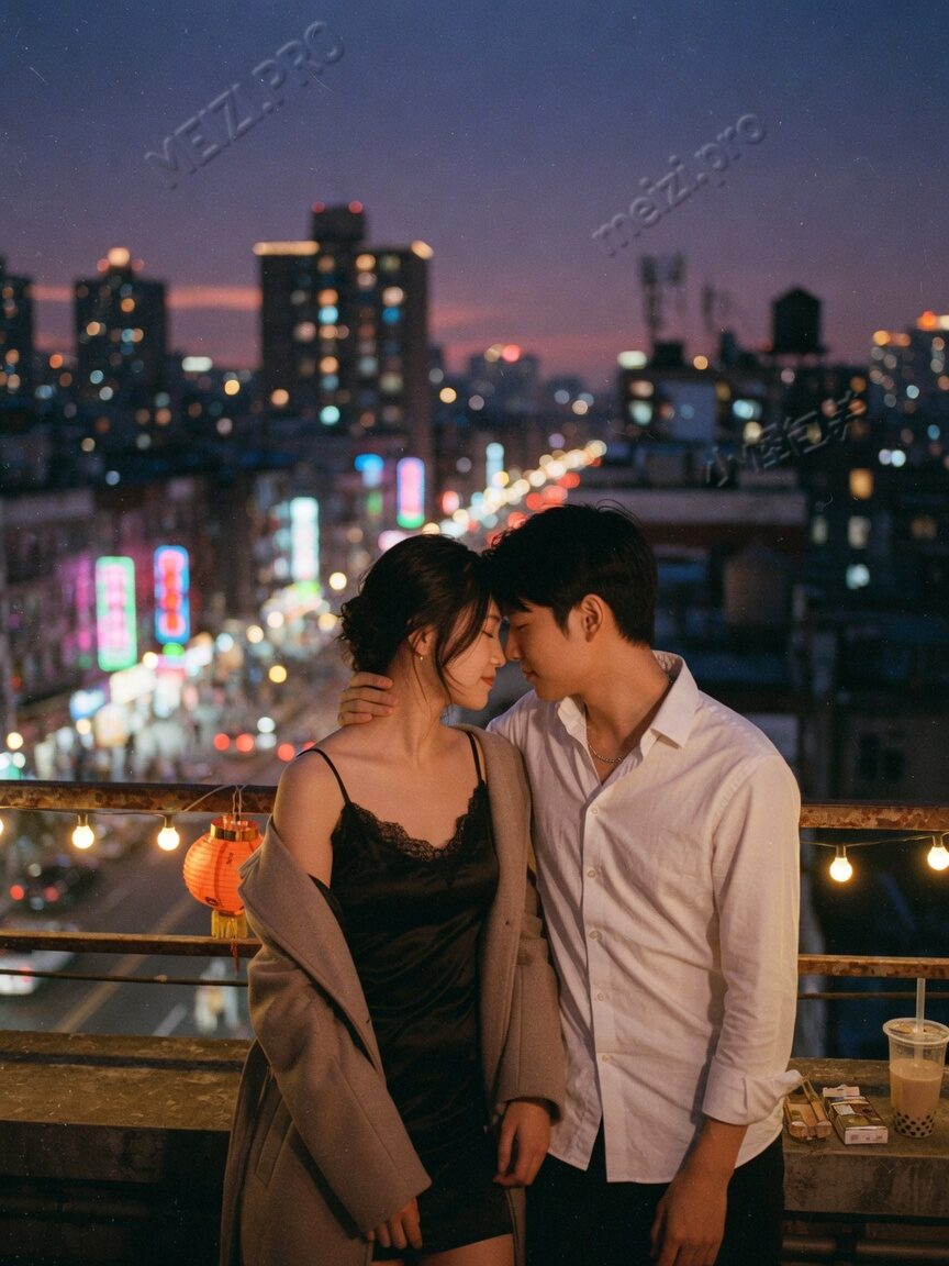 天台夜色，情侣额头相抵