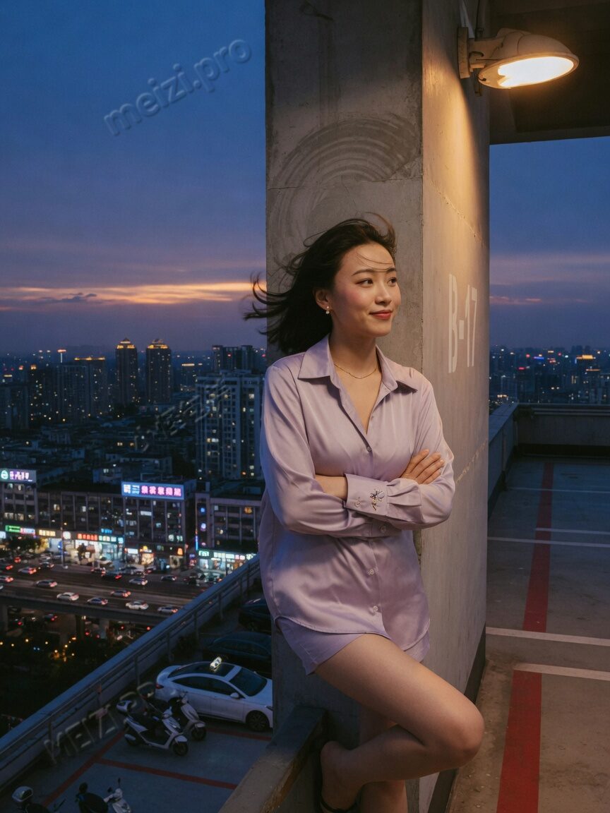 蓝调天台，她靠着柱子，手臂松松交在身前