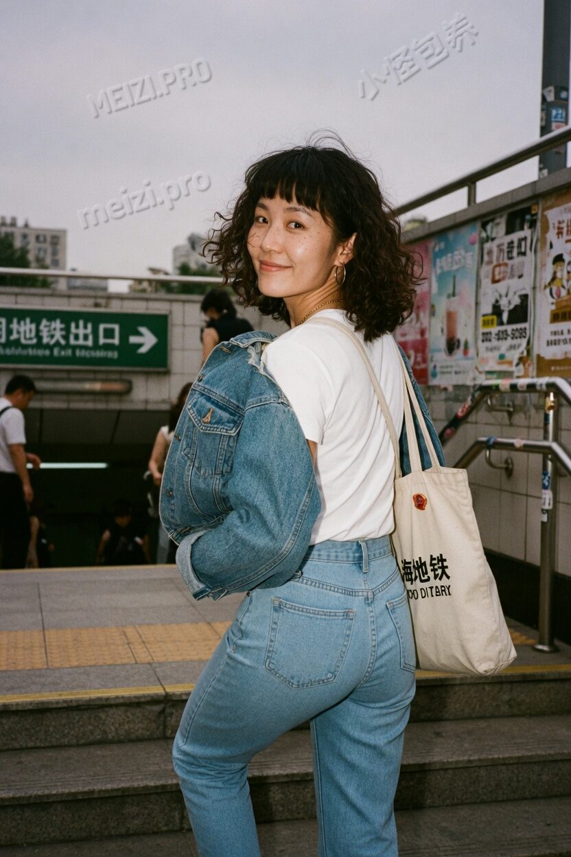 地铁口台阶上,回头看向镜头