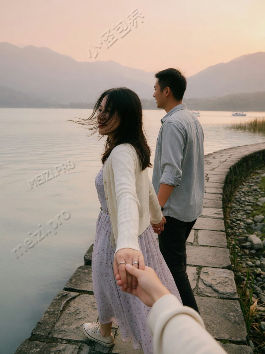 湖边石径上,两个人牵着手走