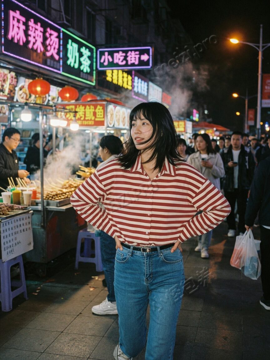 夜市里双手插着腰站住
