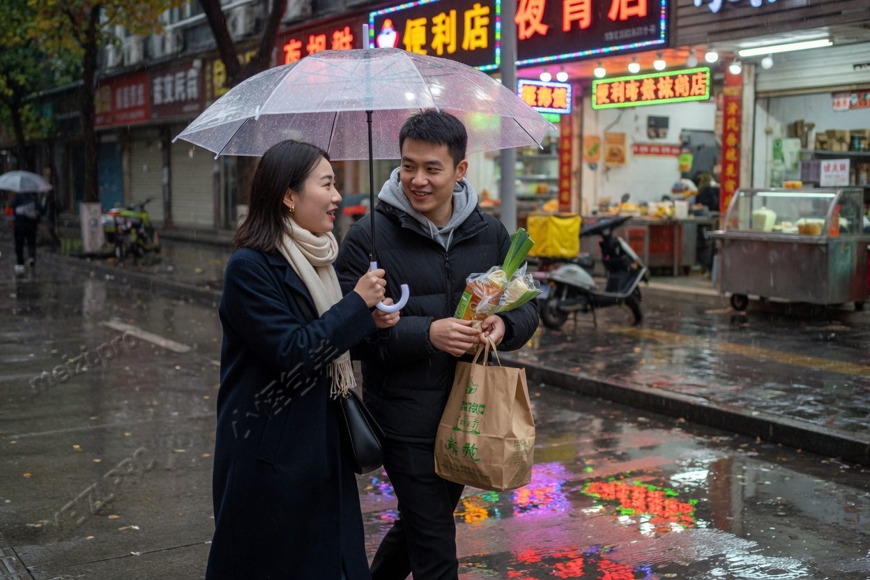 晚上湿漉漉的人行道,两个人撑一把伞往前走