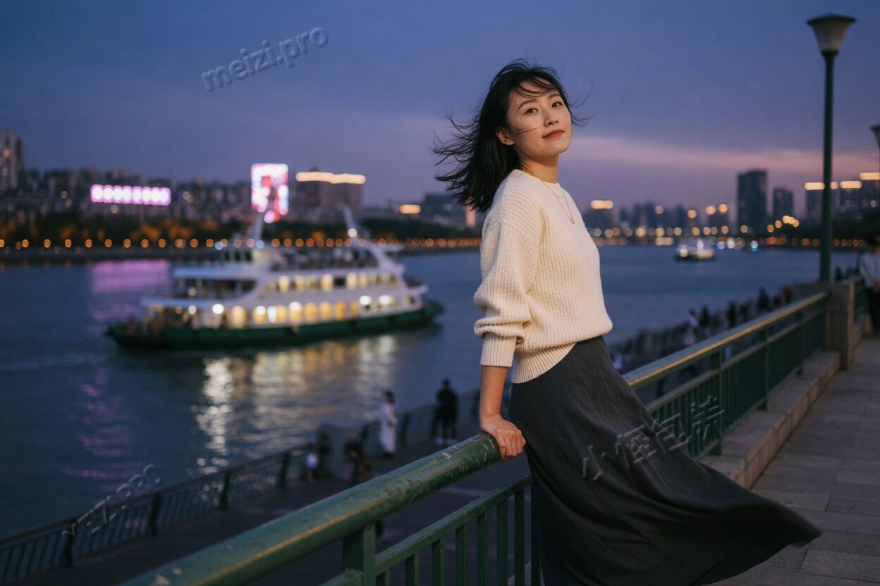蓝调江边,她侧身靠着栏杆