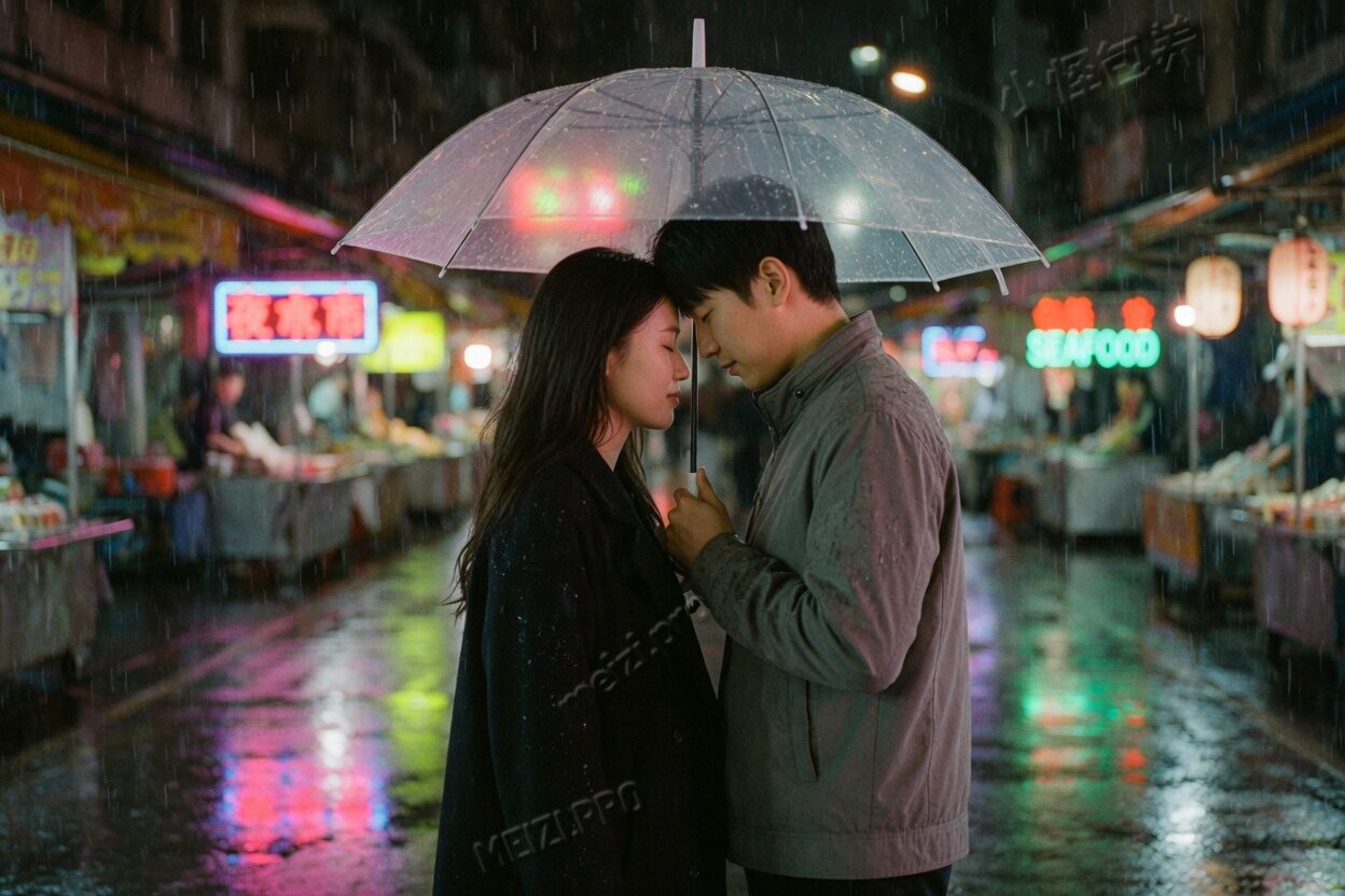 雨夜市集,一对人共撑透明伞,额头相抵,85mm胶片