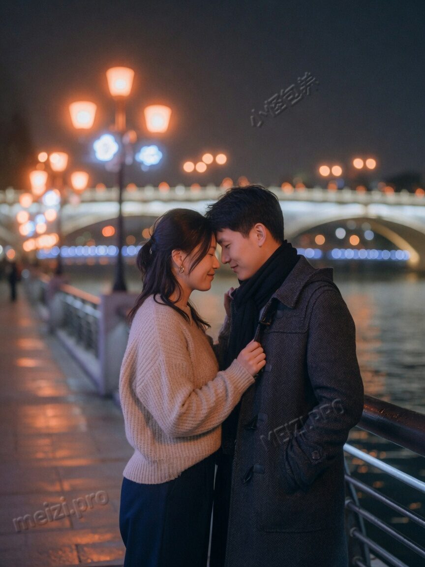 夜里河边，额头相抵