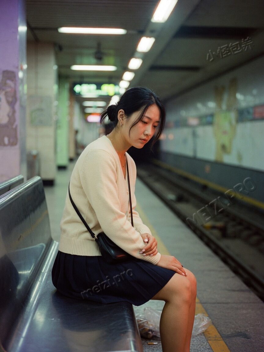 深夜站台，她独自坐着，肩带松松拎在手里