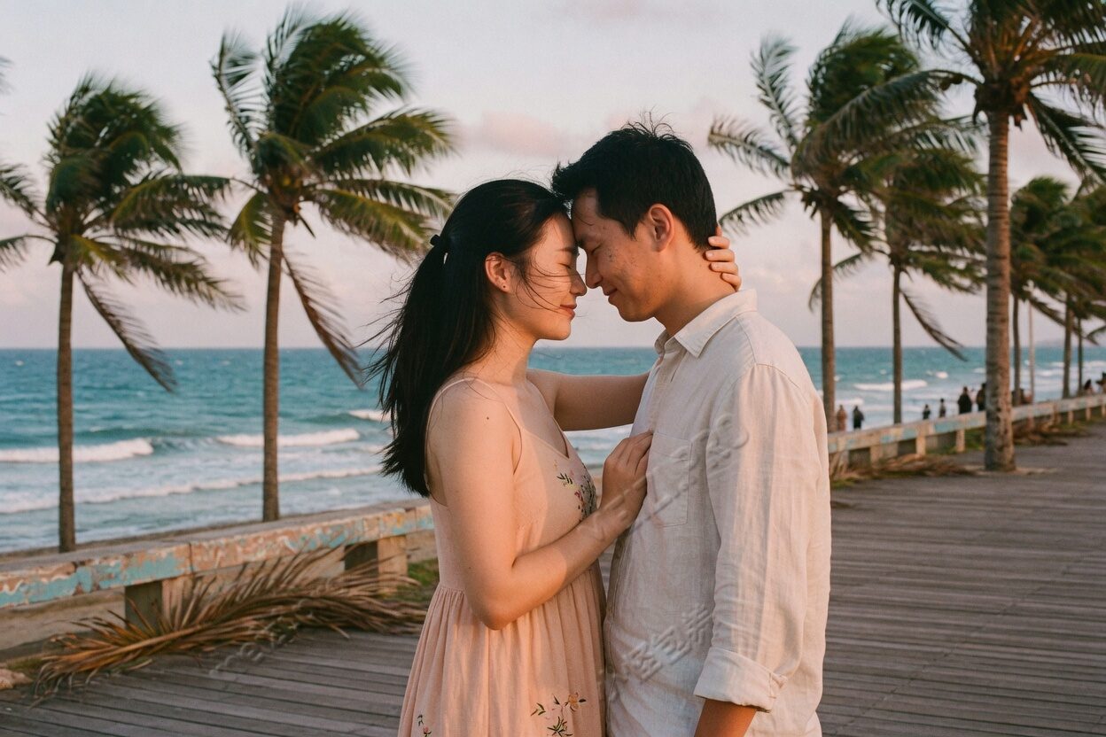 海边步道黄昏,两人额头相抵