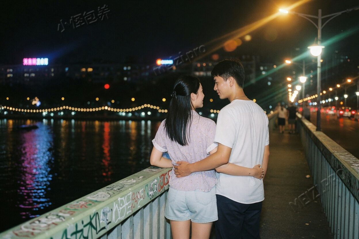 桥上背后环抱,看着江面