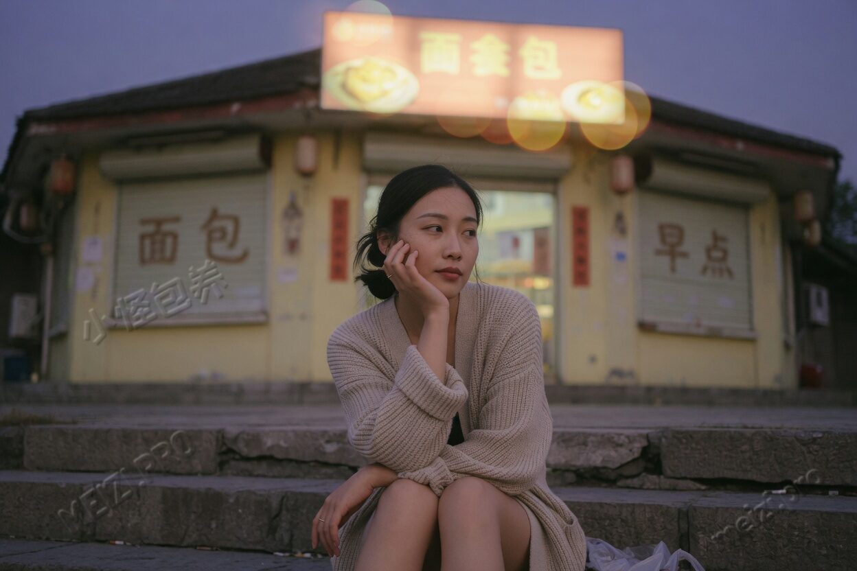面包店打烊后，一个人托着腮
