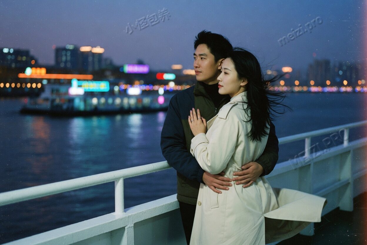 轮渡甲板上的背后抱