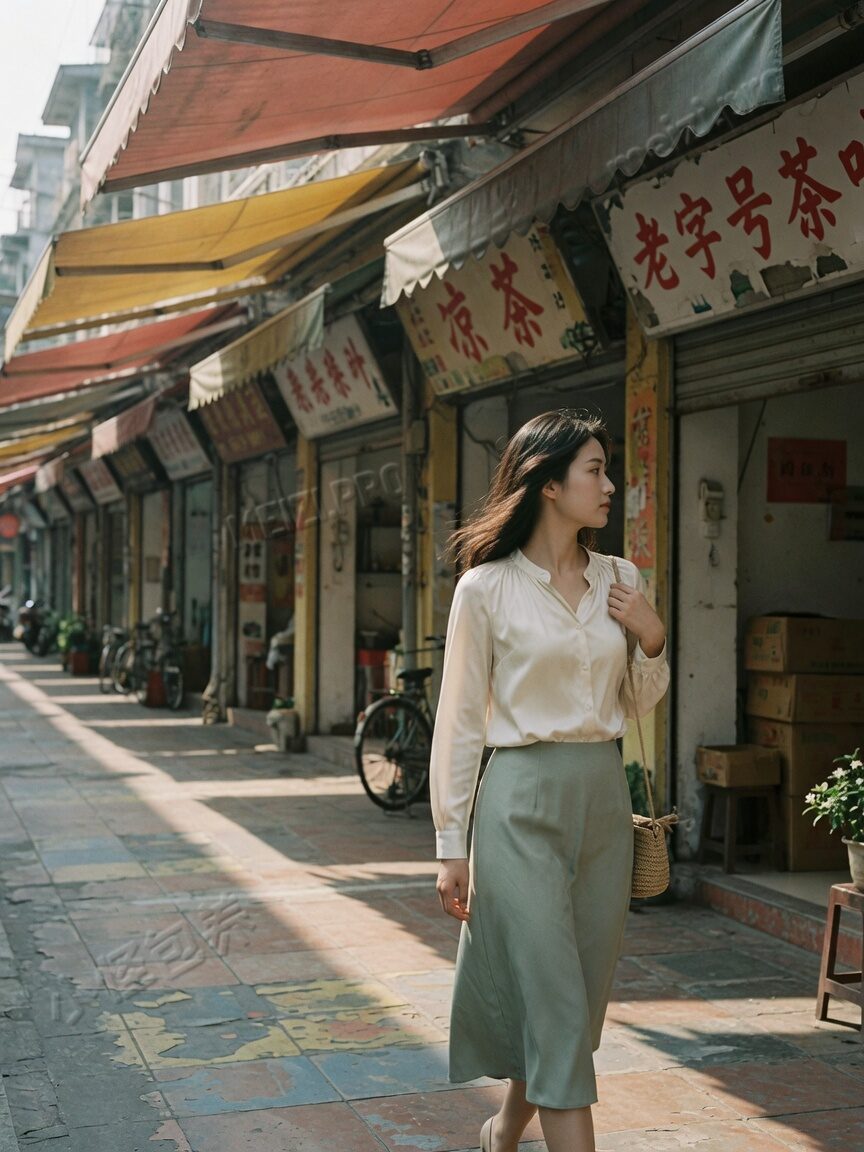 骑楼街，女生侧脸走路