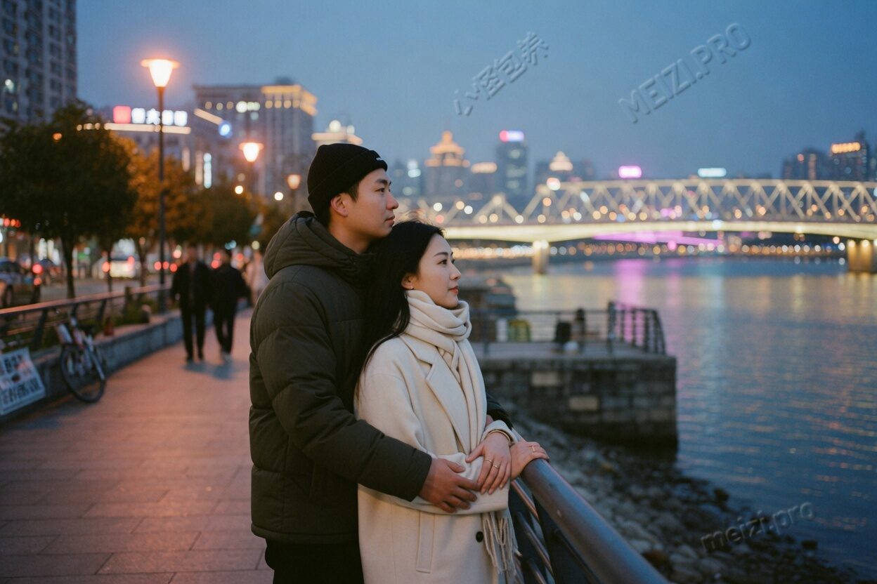 江边栏杆旁,他从背后环住她,两人看着桥灯