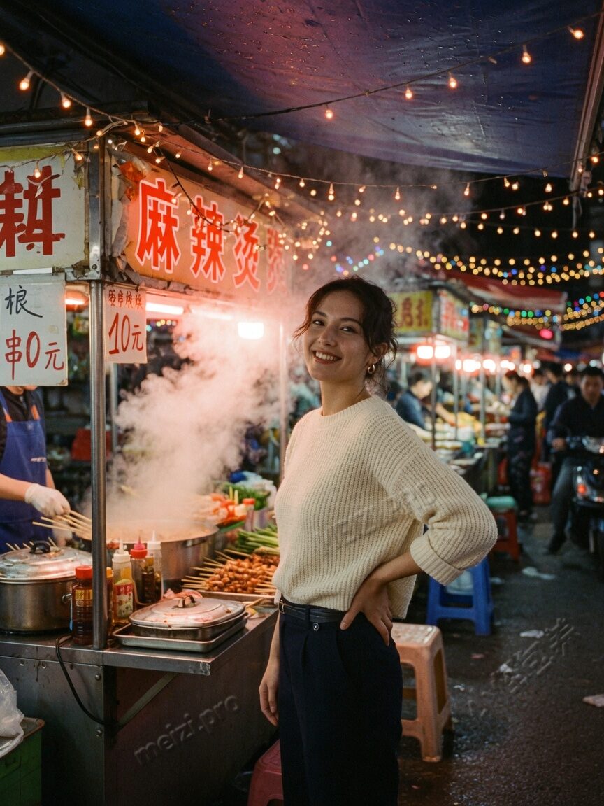 夜市摊位前，女生单手插腰