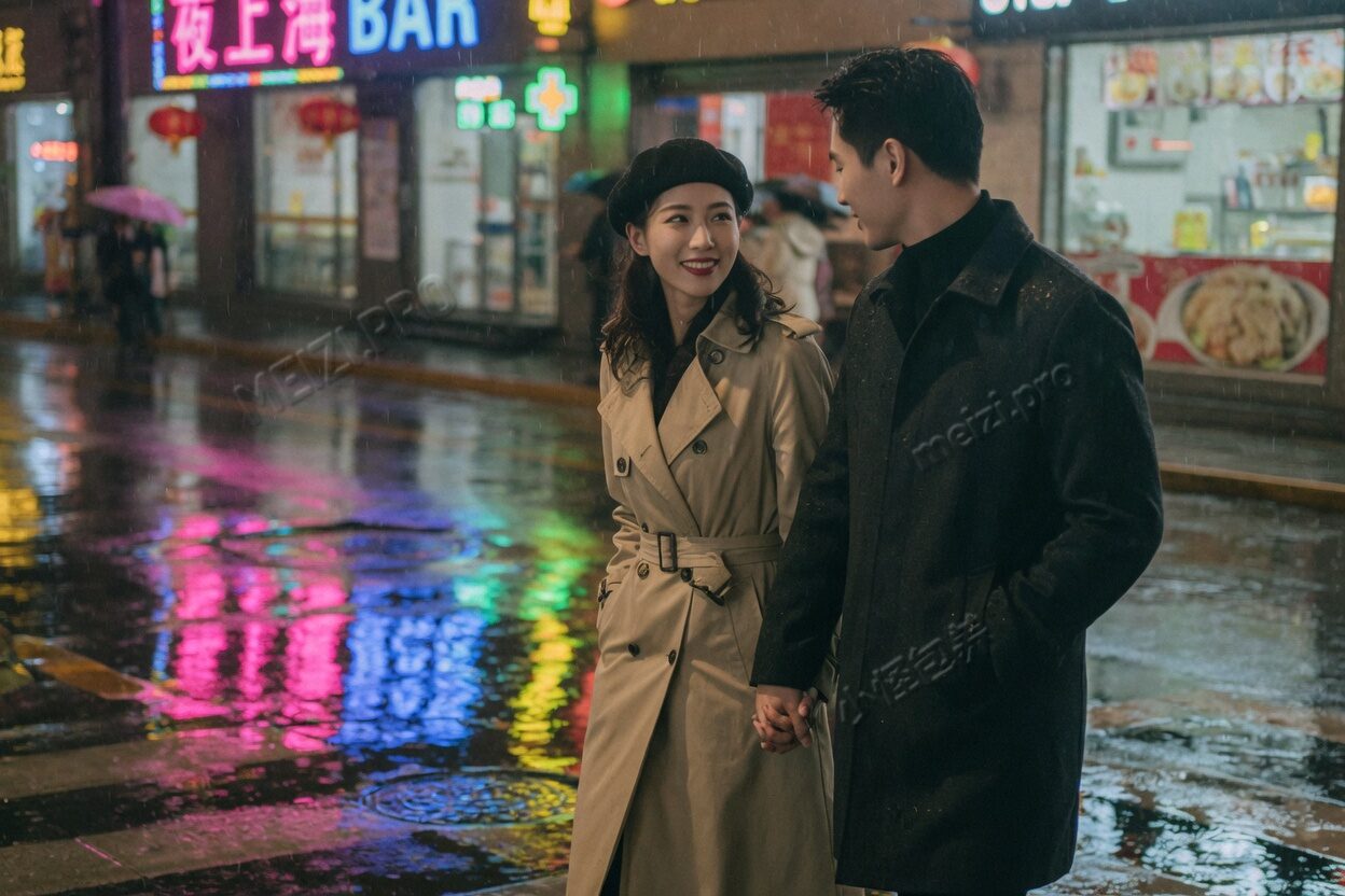江边夜色，女生侧脸走路