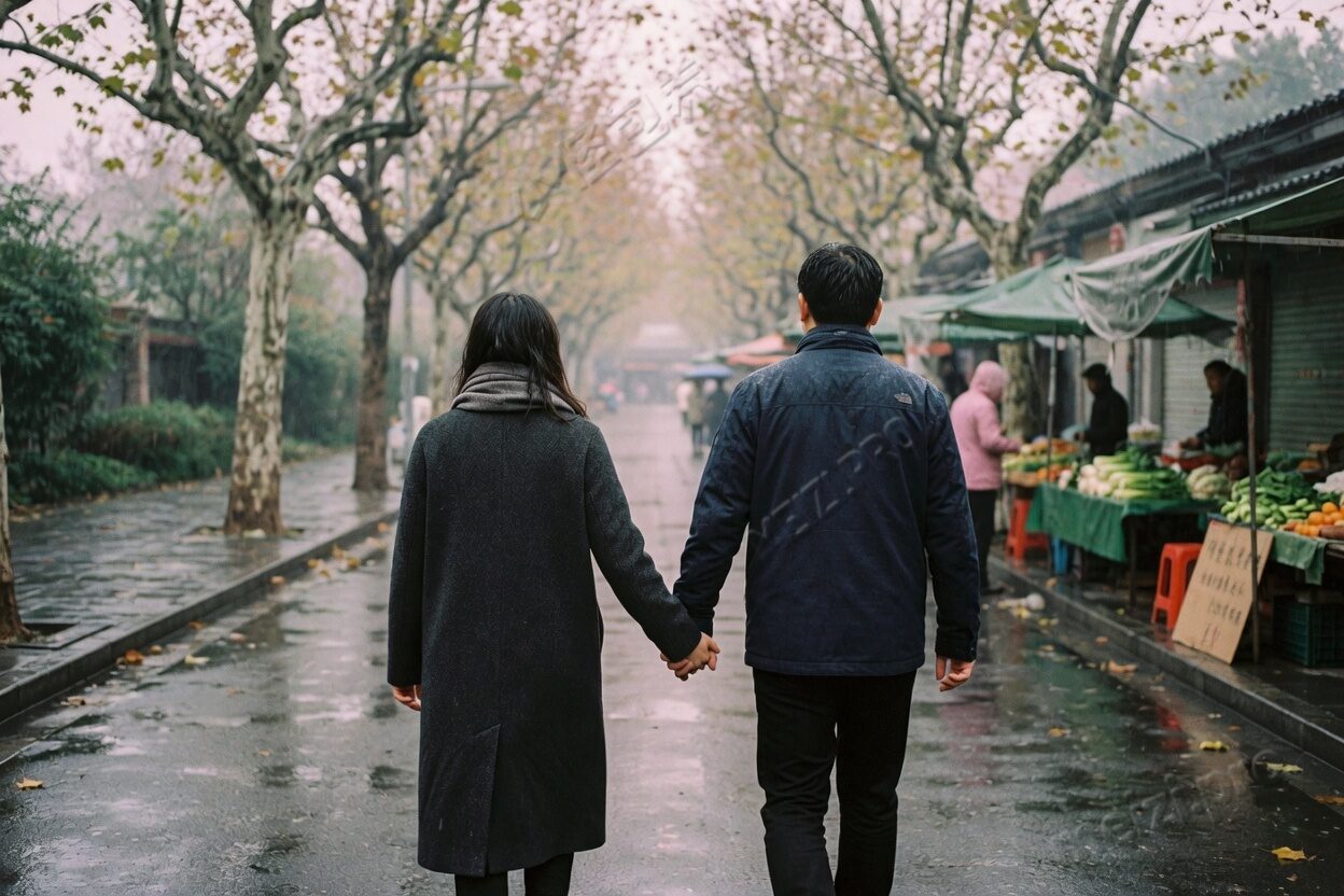 雨里的梧桐早市,两个人背对镜头牵手走