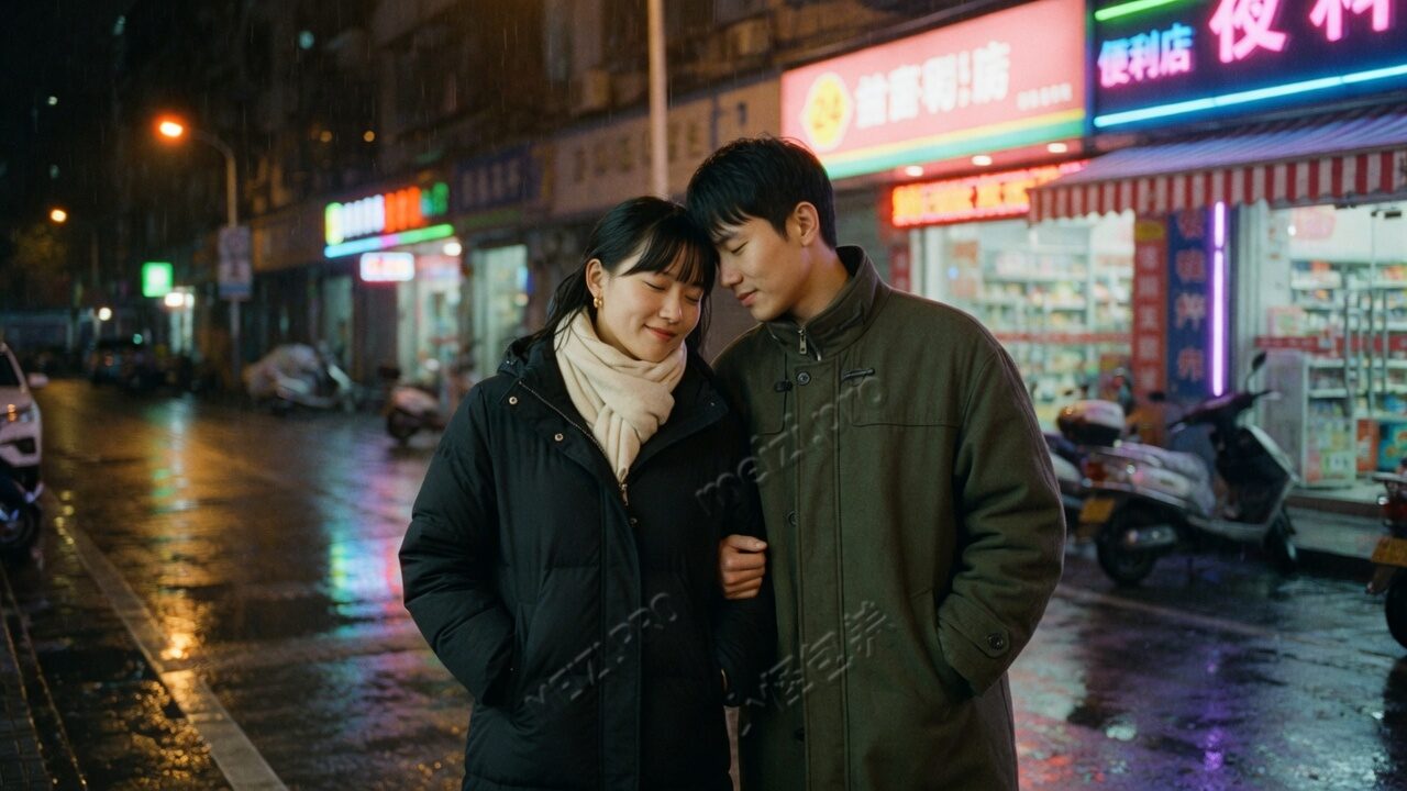 雨夜街头额头相抵的情侣