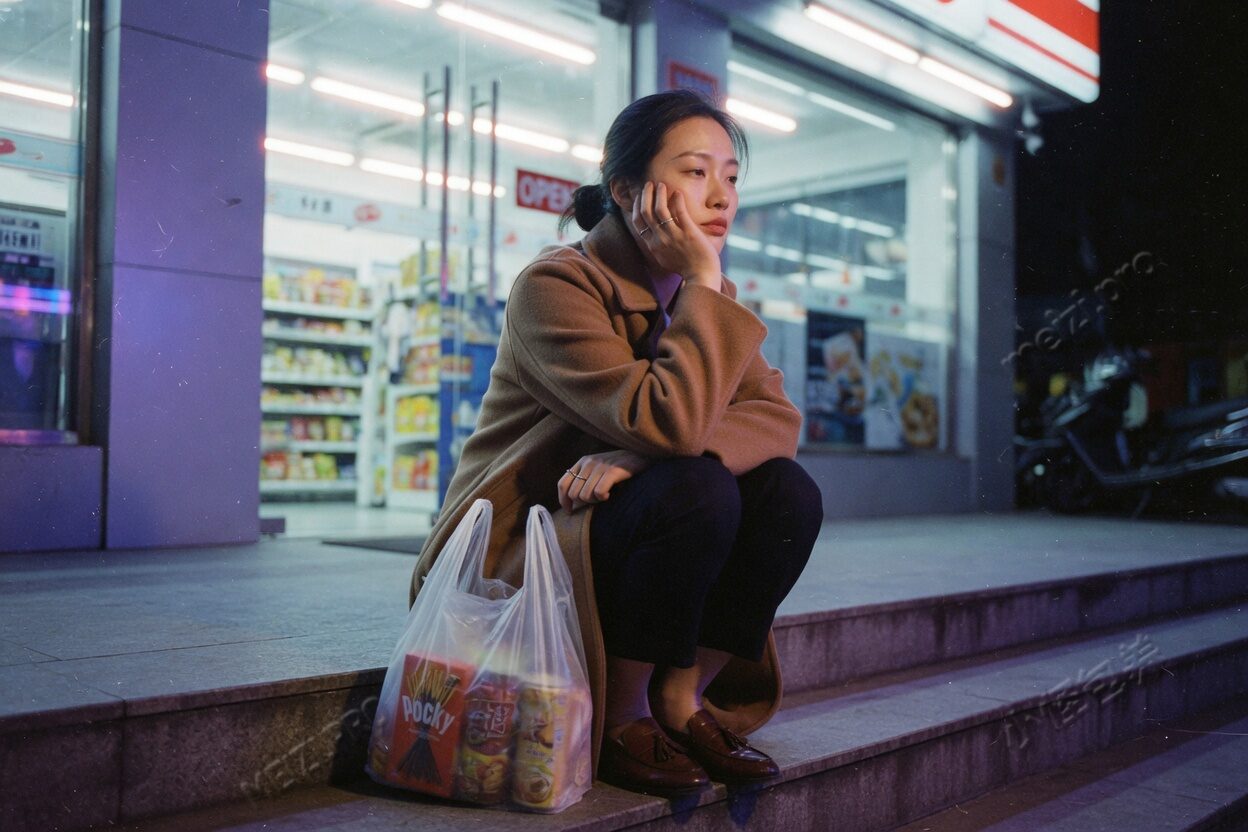 便利店台阶上托着下巴的女生写真